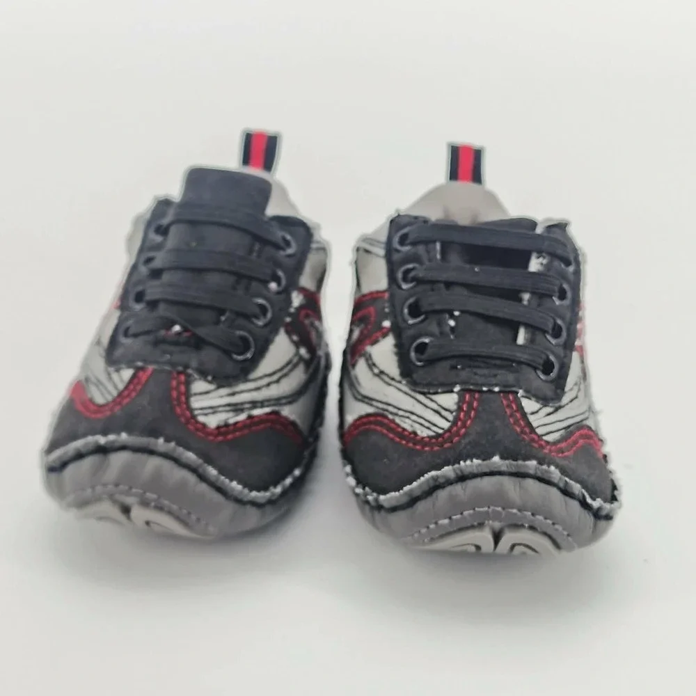 ABG Baby Soft Sole Sneakers Grey Black Red‎ Sporty Infant Shoes 6-9 Months